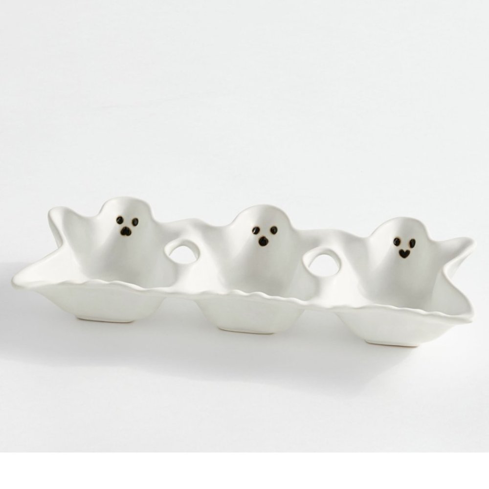 Pottery Barn Figural Ghost Stoneware Triple Condiment Server